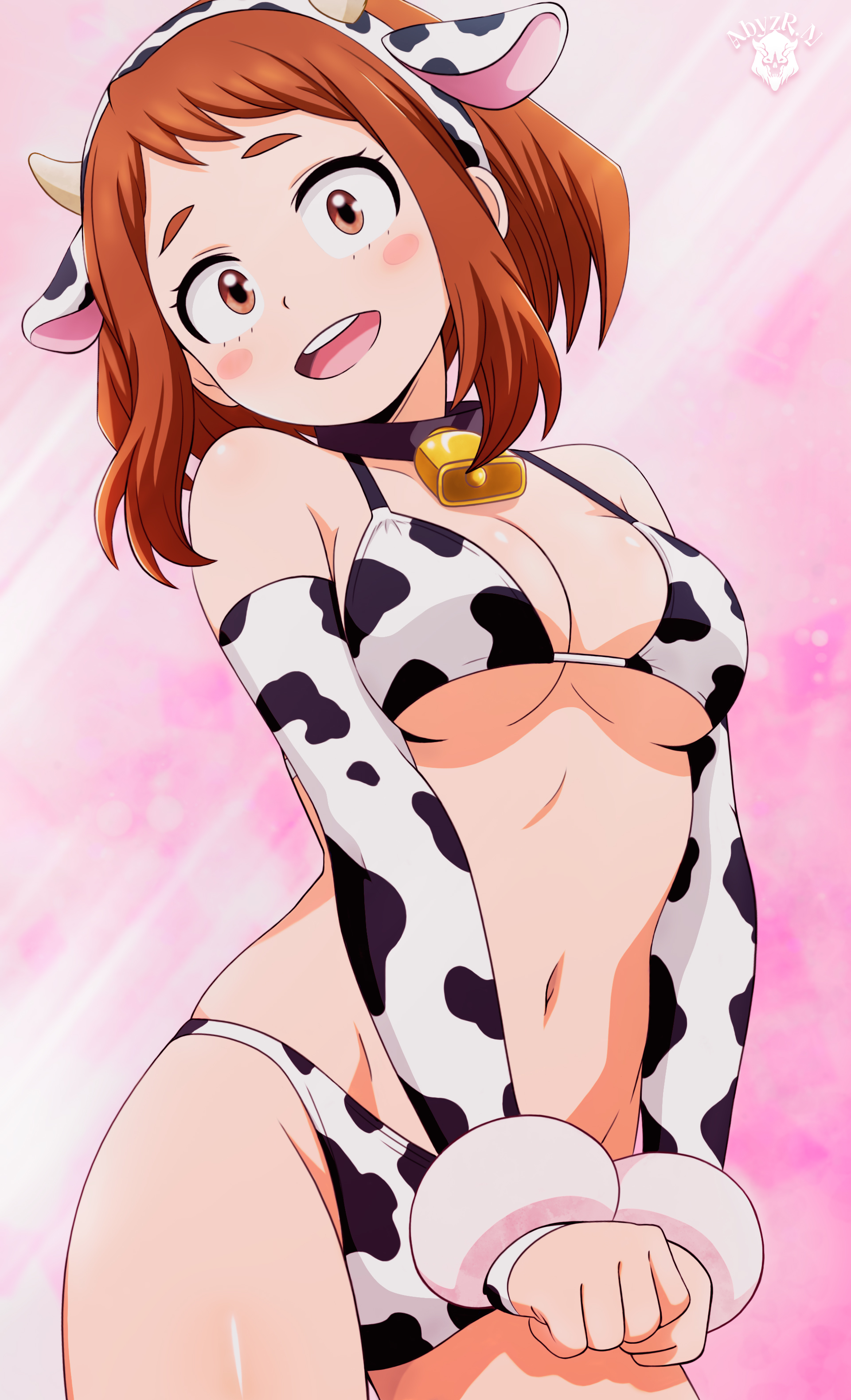 abyzr.n, uraraka ochako, boku no hero academia, absurdres, highres, 1girl, :d, alternate costume, animal ears, animal print, bell, bikini, breasts, brown eyes, brown hair, cleavage, contrapposto, cow ears, cow print, cow print bikini, cowbell, cowboy shot, fake animal ears, looking at viewer, medium breasts, medium hair, navel, neck bell, open mouth, print bikini, sidelocks, skindentation, smile, solo, standing, swimsuit, teeth, upper teeth only