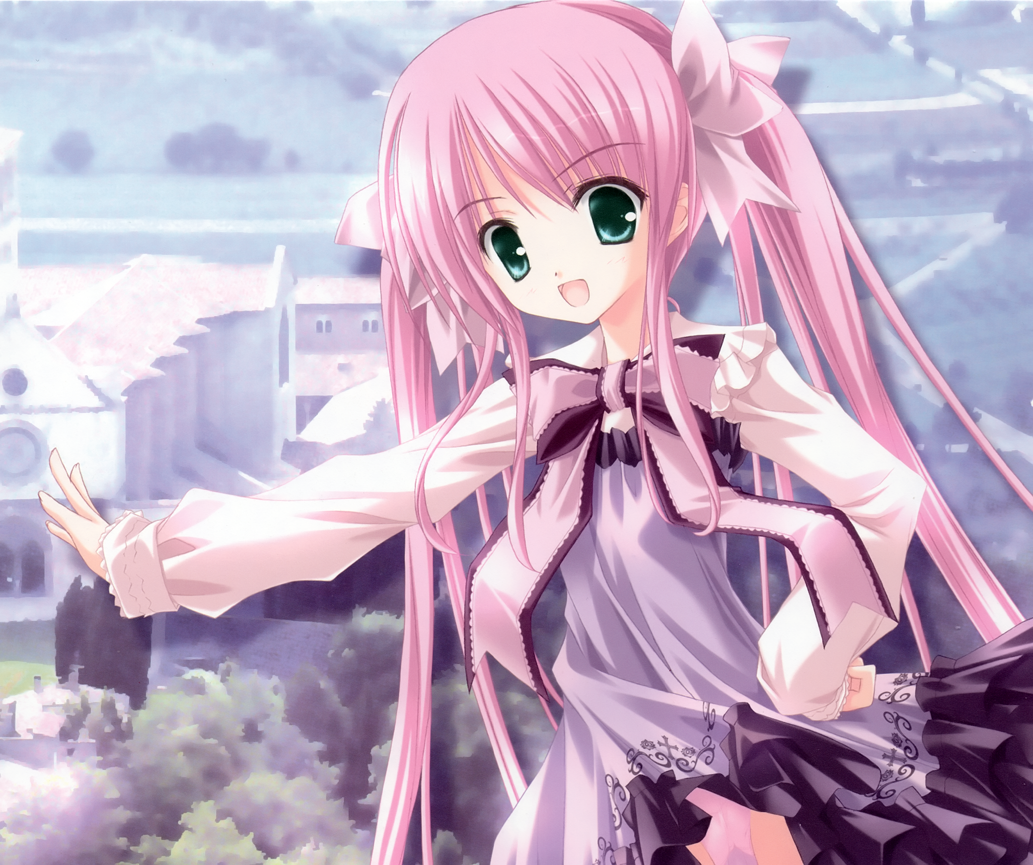 tinker bell (pixiv 10956015), highres, dress, green eyes, hair ribbon, pink hair, ribbon, solo, twintails
