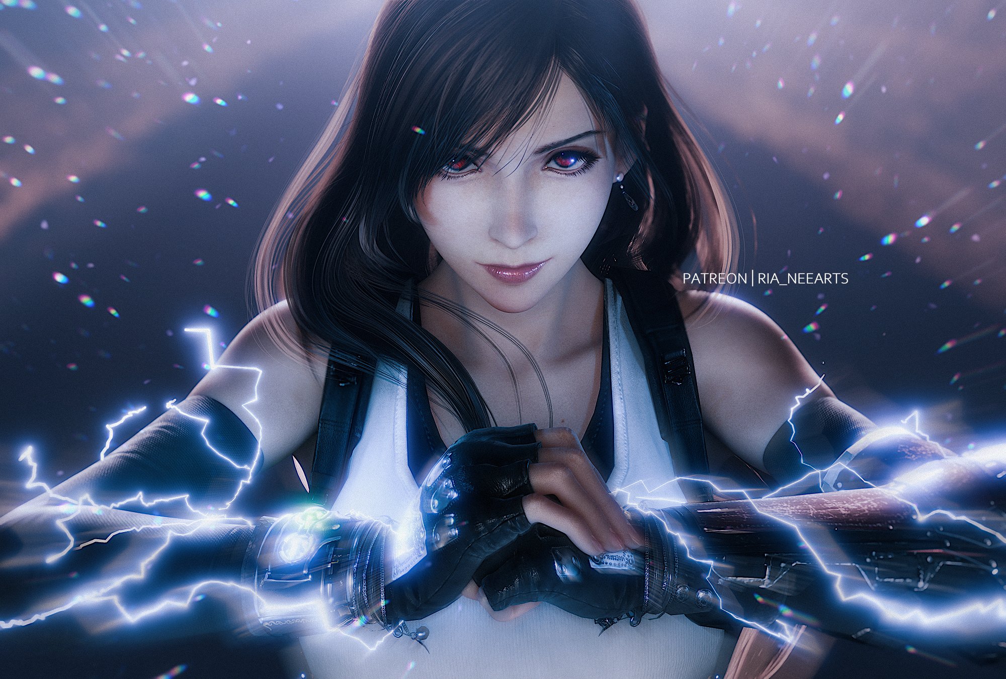 ria (baka-neearts), tifa lockhart, final fantasy, final fantasy vii, final fantasy vii remake, commentary, english commentary, highres, 1girl, 3d, bare shoulders, black gloves, black hair, black sports bra, bracelet, breasts, clenched hand, closed mouth, collarbone, earrings, elbow gloves, electricity, eyelashes, fighting stance, fingerless gloves, gloves, jewelry, large breasts, light particles, lips, long hair, looking at viewer, materia, own hands together, patreon username, red eyes, red lips, single arm guard, single sidelock, solo, sports bra, straight-on, suspenders, swept bangs, tank top, upper body, white tank top