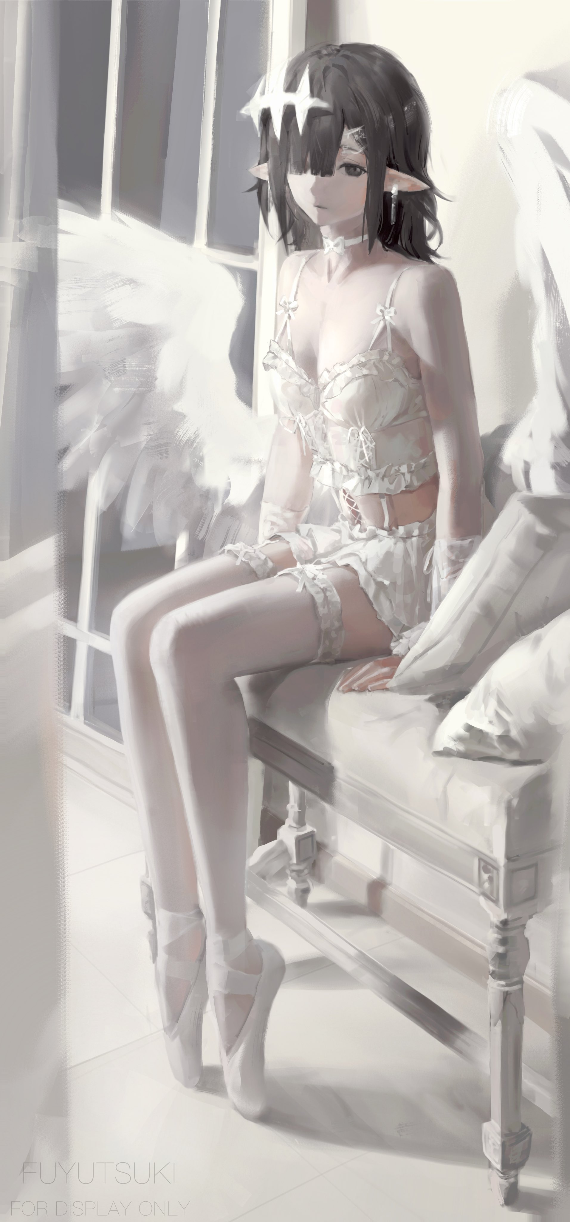 fuyutsuki11, original, absurdres, commentary, highres, symbol-only commentary, 1girl, angel wings, artist name, ballet slippers, bare shoulders, black hair, breasts, camisole, choker, cushion, earrings, en pointe, eyes visible through hair, feathered wings, hair ornament, hair over one eye, jewelry, long pointy ears, looking at viewer, low wings, medium breasts, medium hair, miniskirt, pointy ears, sitting, skirt, solo, thighhighs, white camisole, white choker, white skirt, white thighhighs, white wings, wings