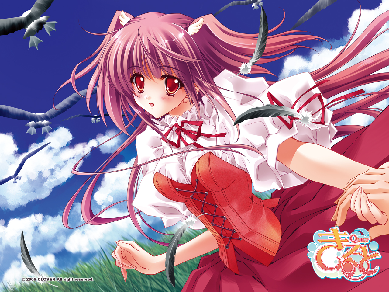 carnelian, airi (quilt), quilt (game), 1girl, bird, blanket, blouse, blush, cloud, day, feathers, female focus, hair ornament, long hair, quilt, shirt, sky, solo, two side up, white shirt, wing hair ornament