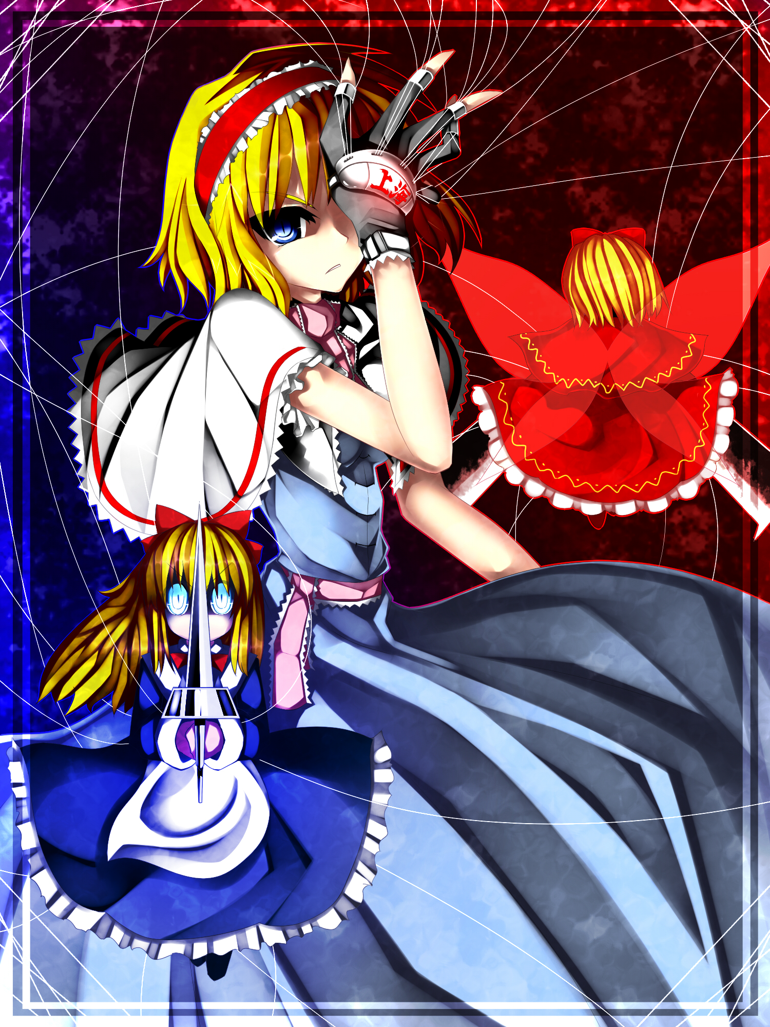 kazetto, alice margatroid, hourai doll, shanghai doll, touhou, highres, 1girl, blonde hair, blue eyes, doll, dress, female focus, hairband, solo, weapon, wings