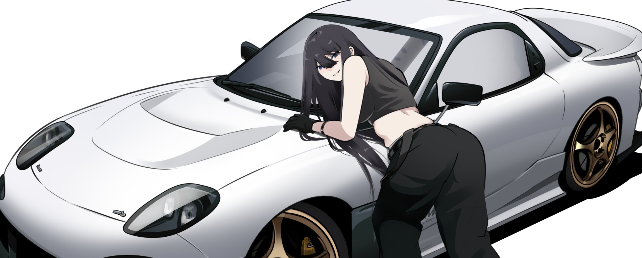 holeecrab, original, highres, 1girl, ass, bent over, black hair, breasts, car, gloves, large breasts, legs, long hair, looking at viewer, looking back, midriff, morisaki sayaka, motor vehicle, pants, parted lips, seductive gaze, seductive smile, sideboob, smile, solo, teeth, thighhighs, thong, very long hair, whale tail (clothing)