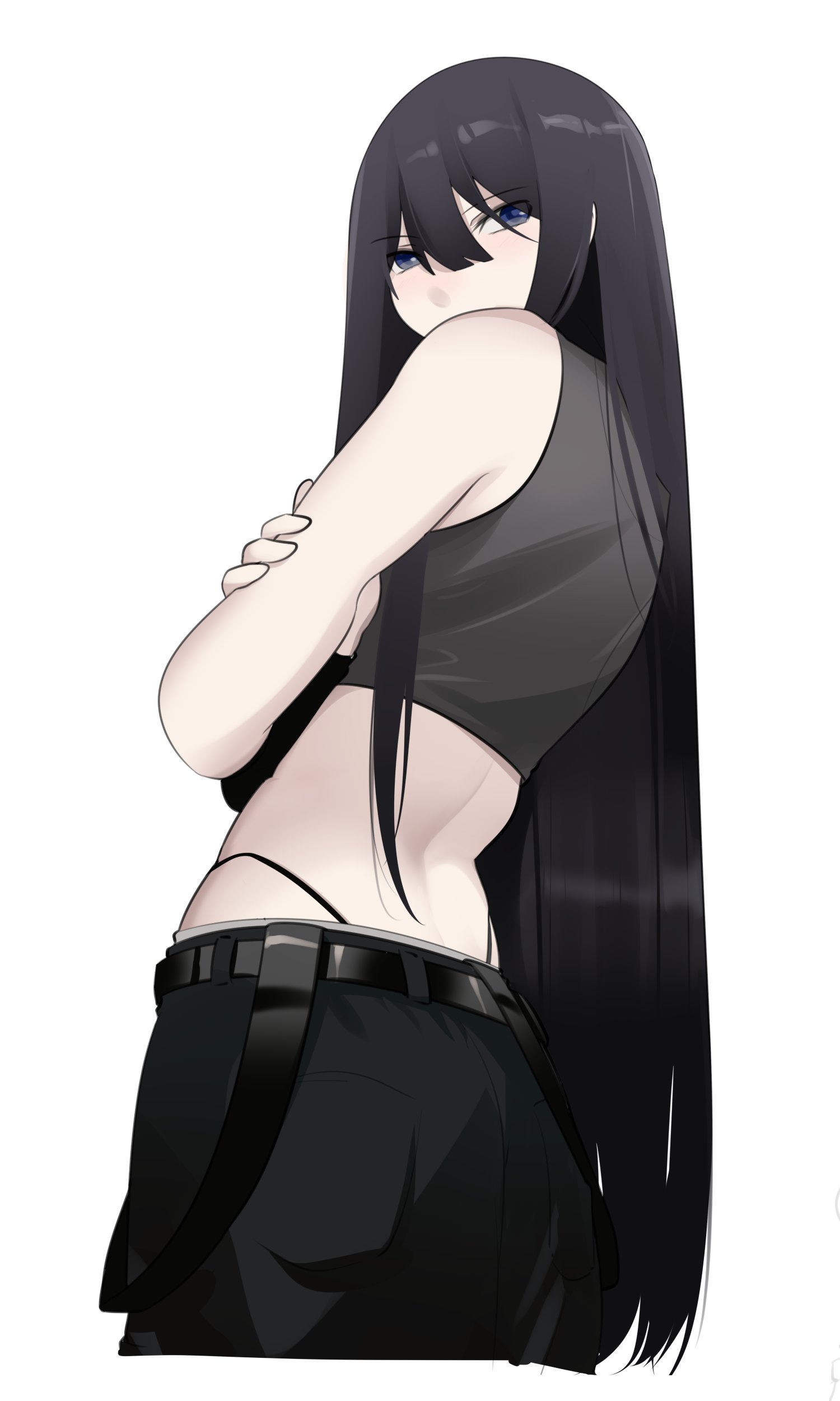 holeecrab, morisaki sayaka, original, highres, 1girl, ass, black hair, breasts, crossed arms, gloves, large breasts, legs, long hair, looking at viewer, looking back, midriff, pants, solo, thighhighs, thong, very long hair