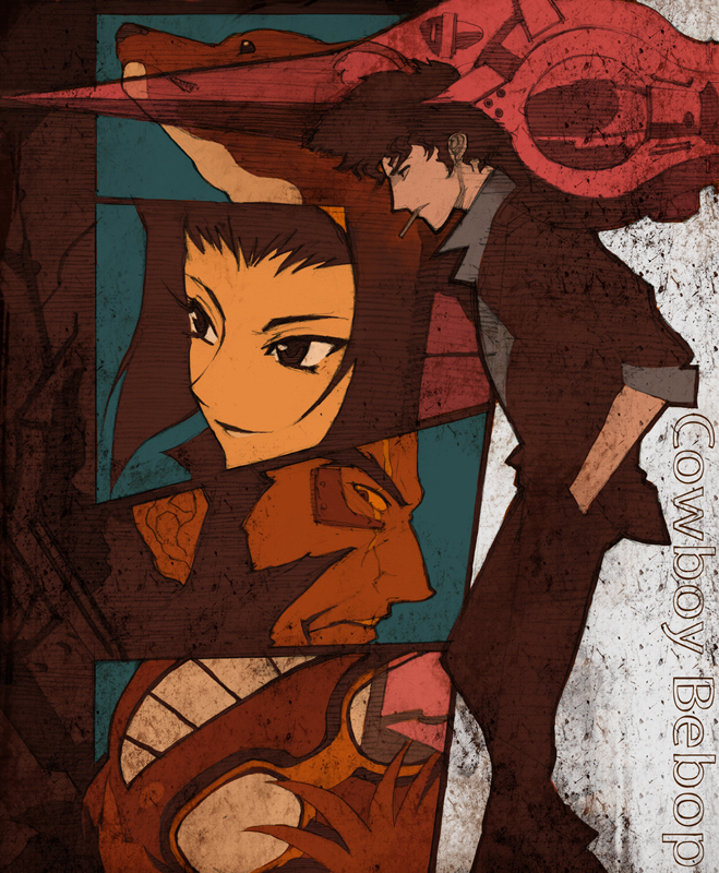 lack, edward wong hau pepelu tivrusky iv, ein (cowboy bebop), faye valentine, jet black, spike spiegel, swordfish ii, cowboy bebop, bad id, bad pixiv id, 1990s (style), 2boys, 2girls, aircraft, airplane, beard, blush stickers, cigarette, facial hair, fighter jet, formal clothes, goggles, grin, hairband, military, military vehicle, multiple boys, multiple girls, retro artstyle, smile, smoking, spacecraft, spaceplane, starfighter, suit, welsh corgi