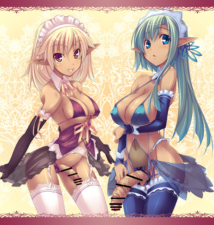 shimakaze (soundz of bell), original, 2futa, :o, bar censor, bikini, blonde hair, blue eyes, bow, breasts, censored, covered erect nipples, dark-skinned female, dark skin, detached sleeves, elf, futanari, garter belt, green hair, large breasts, large penis, long hair, maid, maid headdress, medium breasts, multiple futa, navel, orange eyes, penis, pointless censoring, pointy ears, see-through clothes, strap gap, swimsuit, thighhighs, veins, veiny penis, yellow eyes