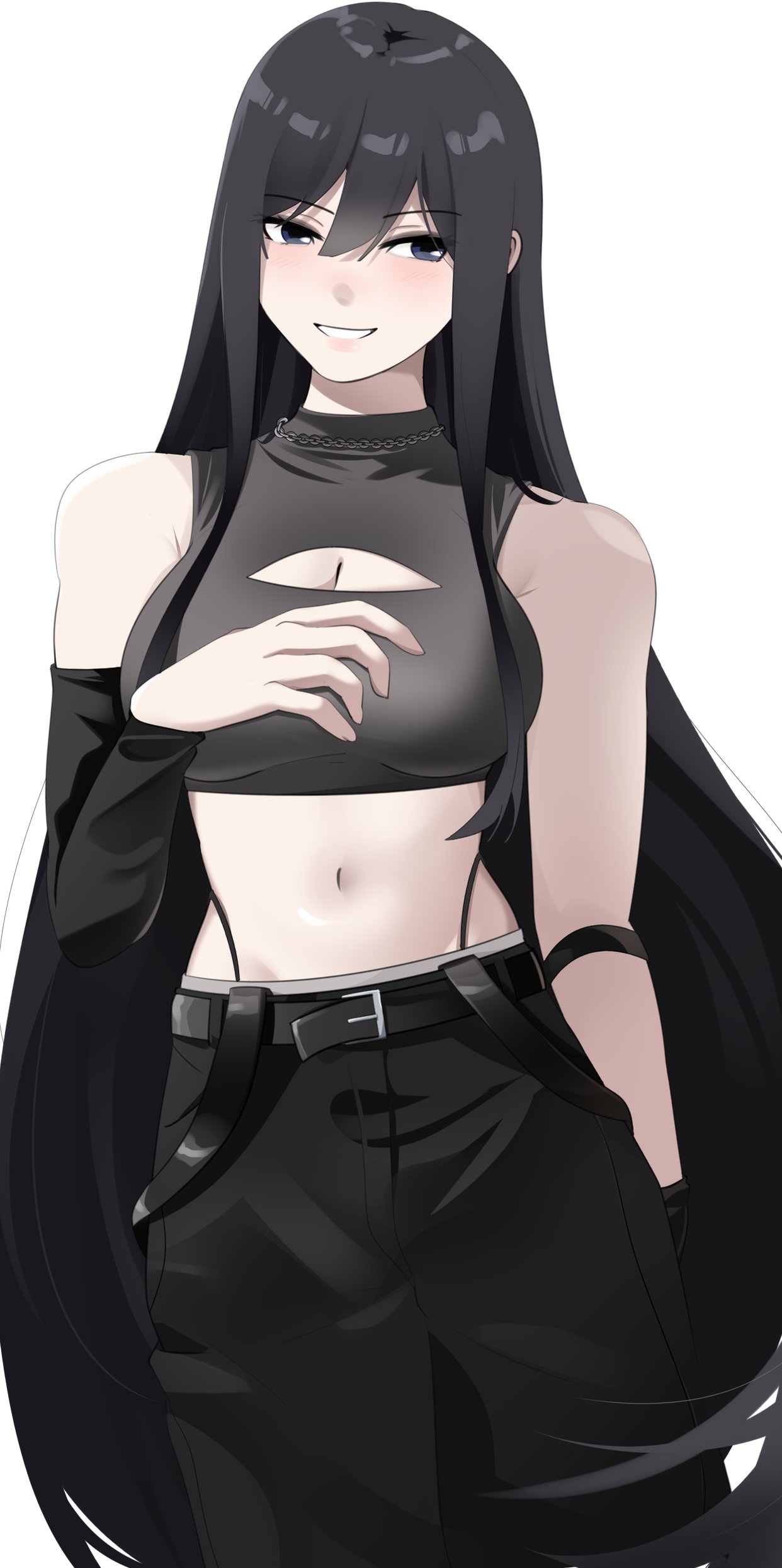morisaki sayaka, original, highres, 1girl, black hair, blue eyes, breasts, cleavage cutout, clothing cutout, gloves, large breasts, legs, long hair, looking at viewer, midriff, navel, pants, smile, solo, thighs, thong, very long hair, whale tail (clothing)