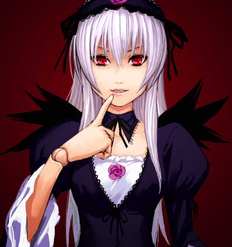 yuuji (and), suigintou, rozen maiden, light purple hair, silver hair, bad id, bad pixiv id, 00s, 1girl, doll joints, dress, female focus, hairband, hat, joints, red eyes, solo, wings