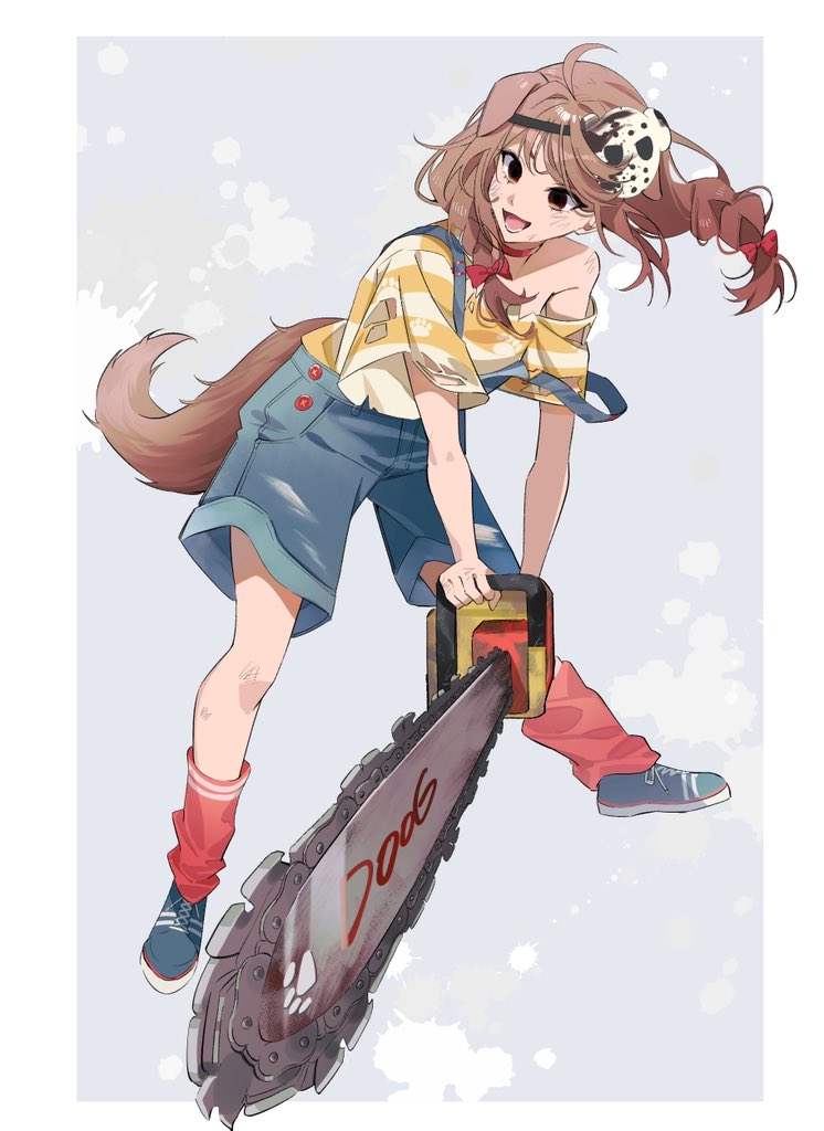 inugami korone, jason voorhees, hololive, commentary, hashtag-only commentary, 1girl, ahoge, animal ears, blue shoes, border, bow, braid, brown eyes, brown hair, chainsaw, cosplay, crazy, denim overalls, dog ears, dog girl, dog tail, empty eyes, floating hair, full body, hair bow, hair ornament, holding, holding chainsaw, hunched over, inugami korone (9th costume), jason voorhees (cosplay), legs apart, long hair, looking to the side, loose socks, mask, mask on head, off shoulder, official alternate costume, open mouth, outside border, overalls, red bow, red socks, shirt, shoes, smile, socks, solo, splatter, standing, striped clothes, striped shirt, tail, torn clothes, torn overalls, twin braids, virtual youtuber, white border, yellow shirt