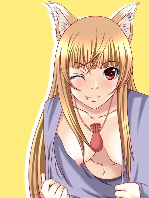 chiro, holo, spice and wolf, bad id, bad pixiv id, 00s, 1girl, animal ears, breasts, brown hair, clothes pull, downblouse, fang, female focus, hanging breasts, looking at viewer, nipple slip, nipples, one eye closed, red eyes, shirt pull, simple background, solo, upper body, wink, wolf ears, yellow background