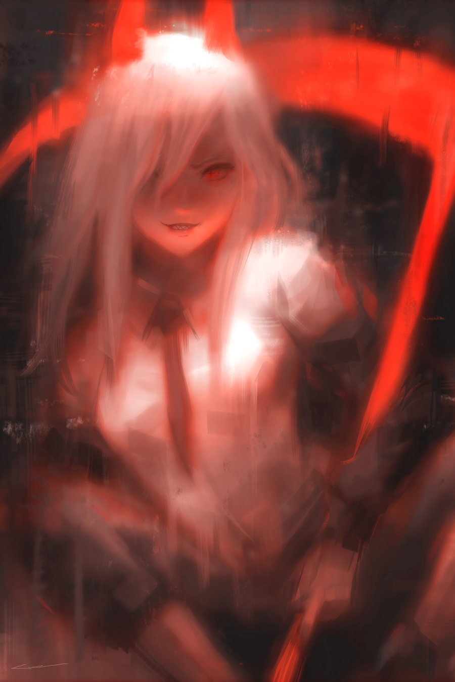 alex chow, power (chainsaw man), chainsaw man, commentary, highres, 1girl, black jacket, black necktie, cross-shaped pupils, demon girl, demon horns, holding, holding weapon, horns, jacket, long hair, long sleeves, looking at viewer, necktie, off shoulder, painterly, red horns, scythe, sharp teeth, shirt, solo, symbol-shaped pupils, teeth, upper body, weapon, white hair, white shirt, wing collar