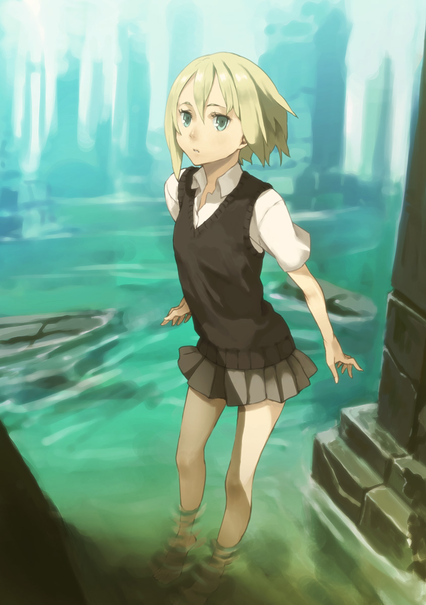 houru, original, highres, 1girl, barefoot, blonde hair, female focus, flat chest, green eyes, outdoors, pleated skirt, school uniform, short hair, skirt, solo, sweater vest, wading, water