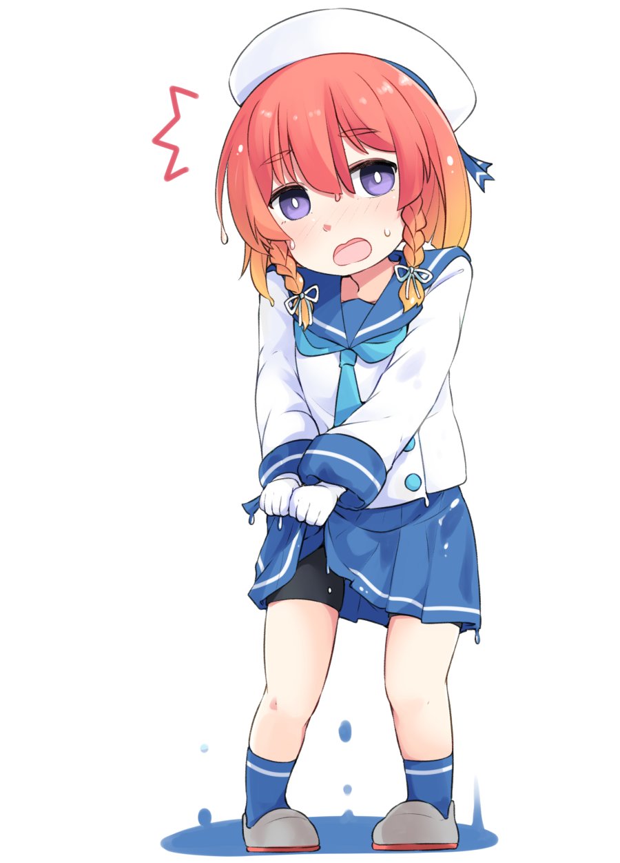 okitarou (okiyo), etorofu (kancolle), kantai collection, highres, 1girl, bike shorts, blue neckerchief, blue sailor collar, braid, embarrassed, full body, gloves, gradient hair, hat, long hair, long sleeves, multicolored hair, neckerchief, open mouth, pleated skirt, purple eyes, red hair, sailor collar, sailor hat, school uniform, serafuku, short hair, shorts, shorts under skirt, side braid, side braids, skirt, solo, surprised, twin braids, wet, wet clothes, white background, white gloves, white hat