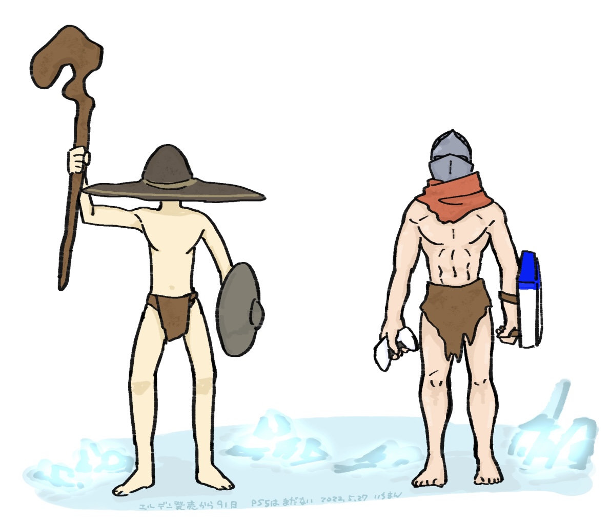 big hat logan, chosen undead, dark souls (series), dark souls i, commentary request, 2boys, barefoot, brown hat, controller, crystal, dualsense, full body, game console, game controller, hat, helm, helmet, holding, holding controller, holding game controller, holding shield, holding staff, i (1290117), large hat, loincloth, male focus, multiple boys, navel, orange scarf, playstation 5, playstation controller, scarf, shield, staff, topless male, witch hat