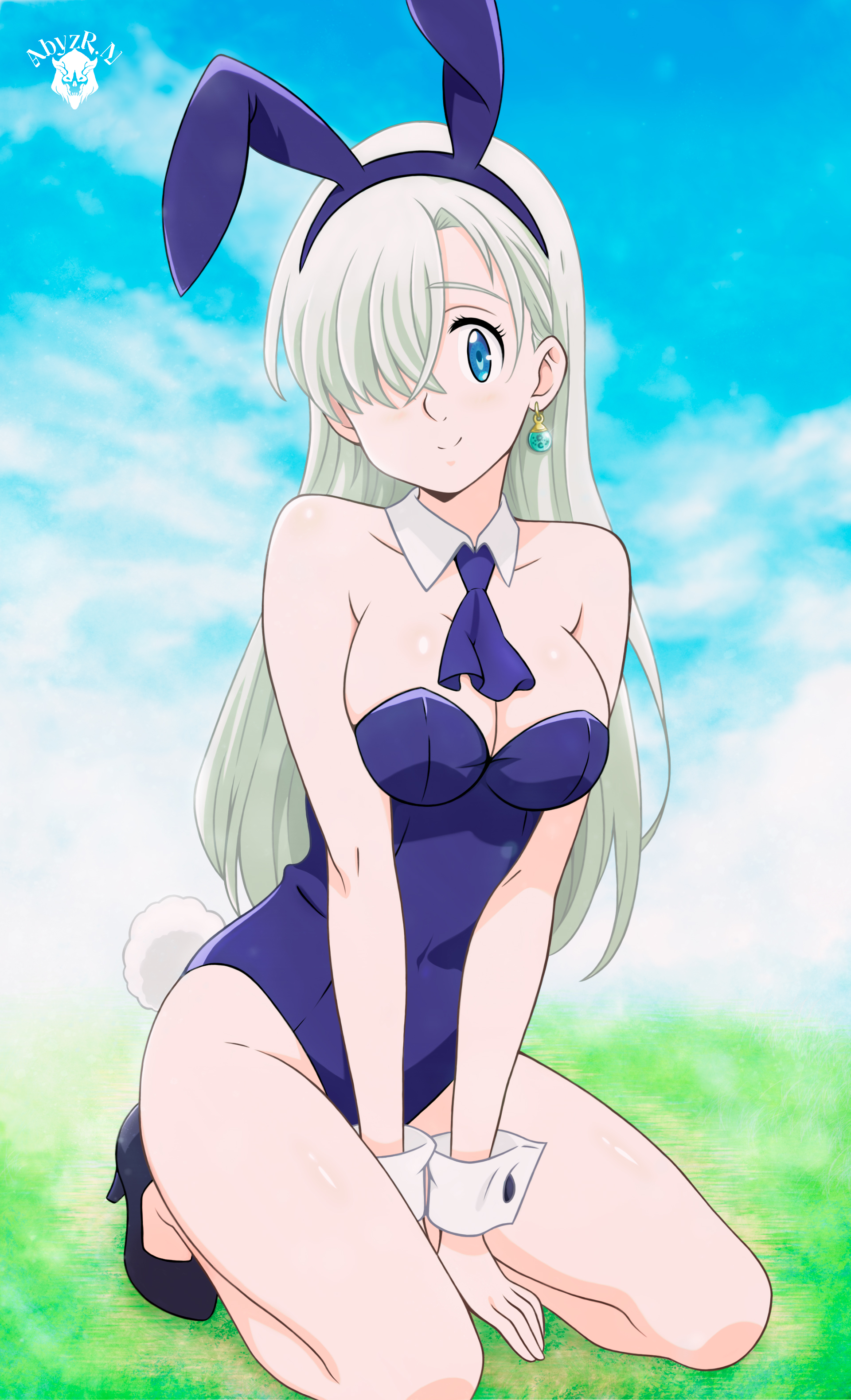 abyzr.n, elizabeth liones, nanatsu no taizai, absurdres, commentary, english commentary, highres, 1girl, alternate costume, animal ears, arm at side, bare shoulders, blue eyes, blue leotard, blue necktie, blue sky, breasts, breasts squeezed together, cleavage, cloud, cloudy sky, detached collar, earrings, fake animal ears, fake tail, full body, grey hair, hair over one eye, high heels, highleg, highleg leotard, jewelry, kneeling, leotard, long hair, medium breasts, necktie, one eye covered, playboy bunny, rabbit ears, rabbit tail, sky, smile, solo, straight hair, strapless, strapless leotard, tail, thighs, white wrist cuffs, wrist cuffs