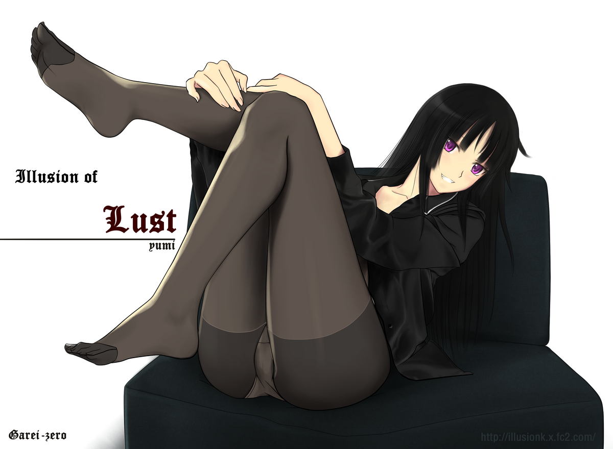 illusionk, isayama yomi, ga-rei, ga-rei zero, bad id, bad pixiv id, 00s, 1girl, black hair, blunt bangs, couch, feet, female focus, hime cut, knees together feet apart, legs together, legs up, long hair, long legs, panties, panties under pantyhose, pantyhose, purple eyes, sitting, smile, solo, underwear