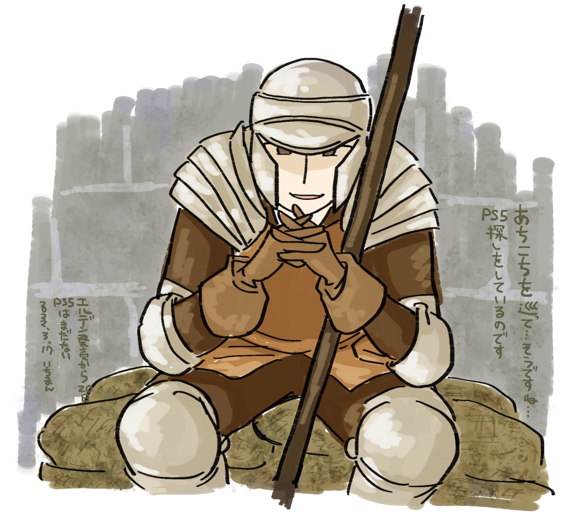 mild mannered pate, dark souls (series), dark souls ii, commentary request, translation request, 1boy, armor, brown gloves, brown pants, brown vest, feet out of frame, gloves, grey eyes, helmet, holding, holding polearm, holding weapon, i (1290117), interlocked fingers, leaning forward, looking at viewer, male focus, open mouth, pants, pauldrons, polearm, shoulder armor, sitting, smile, solo, spear, vest, weapon