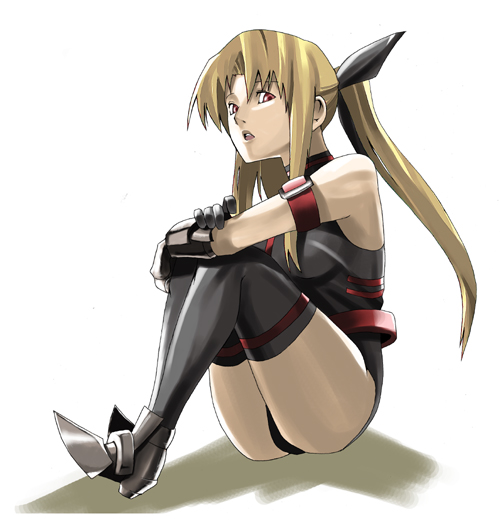retayaki, fate testarossa, fate testarossa (true sonic form), lyrical nanoha, mahou shoujo lyrical nanoha, mahou shoujo lyrical nanoha a's, bad id, bad pixiv id, 00s, 1girl, :o, arm strap, armor, armpits, bare shoulders, belt, belt skirt, blonde hair, bow, breasts, buckle, crossed arms, female focus, from side, full body, gloves, greaves, hair ribbon, halterneck, hugging own legs, knees up, leotard, long hair, looking at viewer, magical girl, open mouth, panties, parted bangs, red eyes, ribbon, shadow, sidelocks, simple background, sitting, solo, thigh strap, thighhighs, thighs, turtleneck, twintails, underwear, vambraces, white background