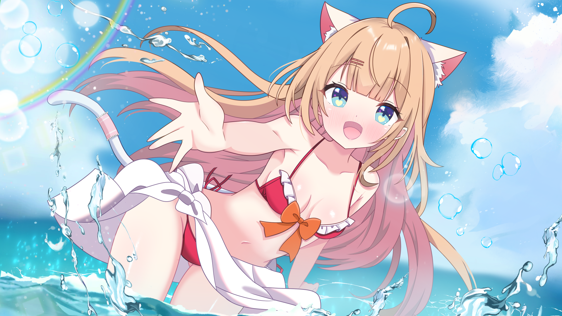 hiiragisensei, indie virtual youtuber, commentary request, highres, 1girl, :d, ahoge, animal ears, bare arms, bare shoulders, bikini, blue eyes, blue sky, blush, breasts, bubble, cat ears, cat girl, cat tail, cleavage, collarbone, day, fang, hair ornament, hairclip, long hair, looking at viewer, medium breasts, navel, nyanyamine noa, ocean, open mouth, outdoors, sarong, sky, smile, solo, swimsuit, tail, very long hair, virtual youtuber, wading, water, water drop