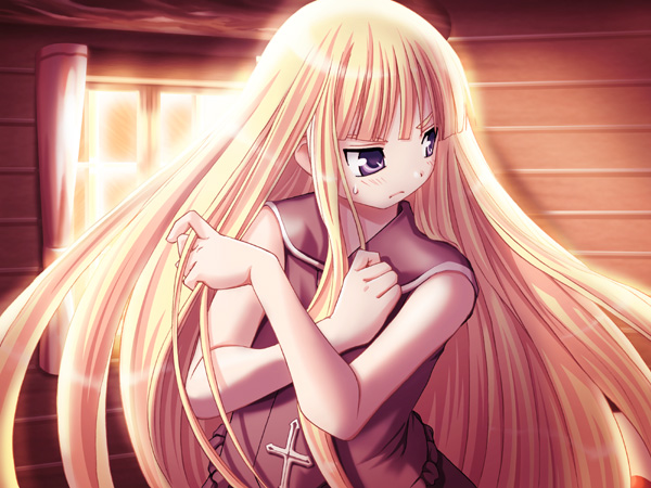 evangeline a.k. mcdowell, mahou sensei negima!, looking away, 00s, 1girl, blonde hair, blunt bangs, closed mouth, crossover, curtains, female focus, frills, frown, hand on own chest, holding, holding own hair, indoors, long hair, looking to the side, purple eyes, sleeveless, solo, sweatdrop, upper body, vampire, very long hair, window, wooden wall