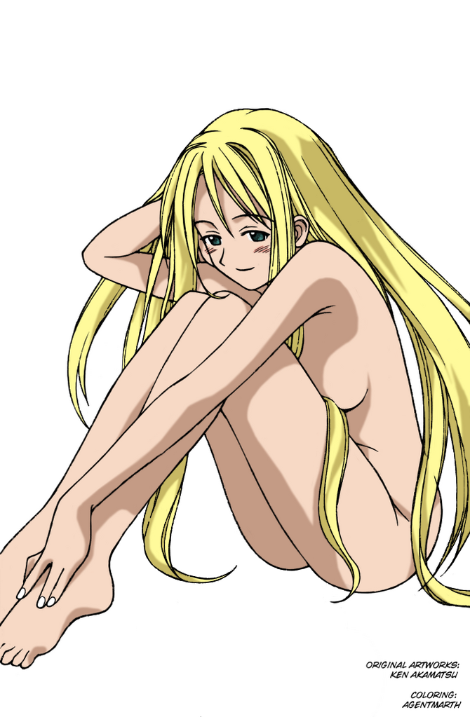 akamatsu ken, yukihiro ayaka, mahou sensei negima!, 00s, 1girl, barefoot, blonde hair, blush, breasts, feet, female focus, green eyes, legs, long hair, nude, simple background, sitting, solo, very long hair