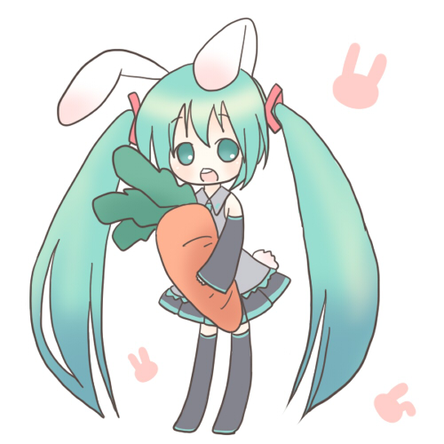 sakuramori sumomo, hatsune miku, vocaloid, lowres, animal ears, aqua eyes, aqua hair, carrot, chibi, detached sleeves, long hair, rabbit ears, skirt, solo, thighhighs, twintails, zettai ryouiki