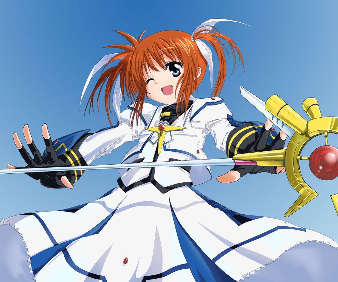 sakurai miyo, sakurai miyo(pixiv20269), sakurai sanshi, raising heart, raising heart (device mode) (1st), takamachi nanoha, takamachi nanoha (movie 1st mode), lyrical nanoha, mahou shoujo lyrical nanoha, mahou shoujo lyrical nanoha movie, mahou shoujo lyrical nanoha the movie 1st, 10s, 1girl, blue eyes, brown hair, female focus, fingerless gloves, gloves, hair ribbon, one eye closed, ribbon, solo, staff, twintails, wink