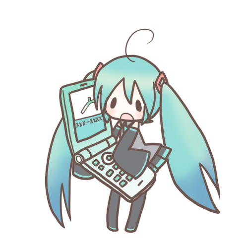 sakuramori sumomo, hatsune miku, vocaloid, lowres, 1girl, ahoge, aqua hair, cellphone, chibi, detached sleeves, female focus, long hair, mini person, minigirl, phone, solo, thighhighs, twintails
