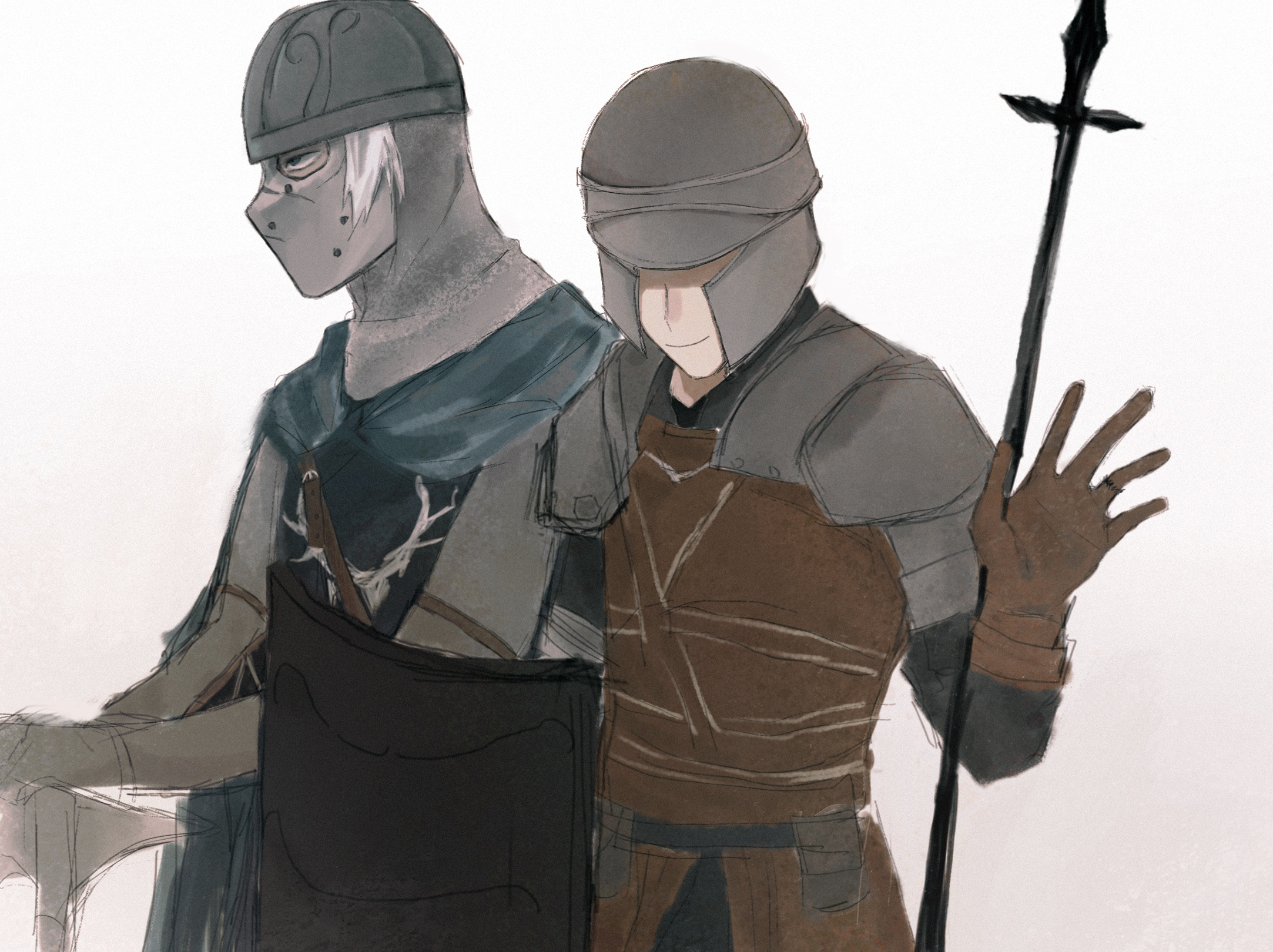creighton of mirrah, mild mannered pate, dark souls (series), dark souls ii, commentary, highres, 2boys, armor, axe, black shirt, black tunic, blue cape, blue eyes, brown gloves, brown vest, cape, chainmail, closed mouth, gloves, hat over eyes, helmet, holding, holding axe, holding polearm, holding shield, holding weapon, male focus, mask, masked, melon ycs, multiple boys, polearm, shield, shirt, simple background, smile, spear, tunic, upper body, vest, weapon, white background, white hair