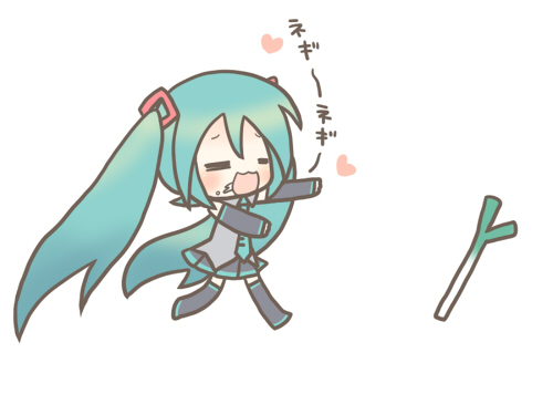sakuramori sumomo, hatsune miku, vocaloid, lowres, translated, :3, = =, aqua hair, chibi, long hair, saliva, solo, spring onion, thighhighs, twintails