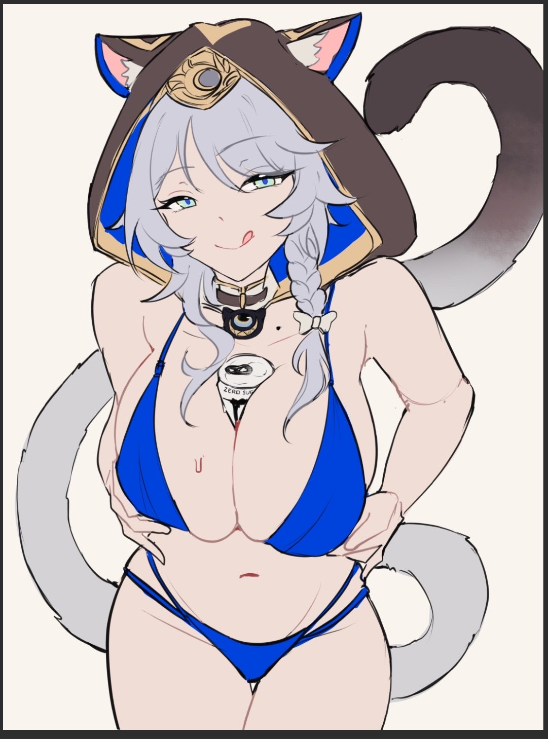 serafineart1001, cipher (honkai: star rail), honkai: star rail, honkai (series), monster energy, highres, 1girl, animal ears, bikini, blue bikini, blue eyes, breasts, cat ears, cat girl, cat tail, grey hair, large breasts, licking lips, looking at viewer, short hair, solo, swimsuit, tail, tongue, tongue out
