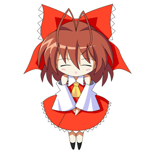 shin'ya (shinya y), shinya, furukawa nagisa, hakurei reimu, nakahara mai, clannad, touhou, touhou musou kakyou, lowres, 1girl, antenna hair, brown hair, chibi, cosplay, detached sleeves, female focus, hakurei reimu (cosplay), ribbon, short hair, solo, voice actor connection