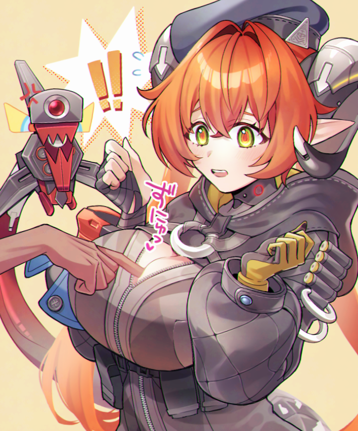 orphie magnusson, zenless zone zero, 1boy, 1girl, black hat, breasts, cleavage, dark-skinned male, dark skin, dragon girl, dragon horns, finger between breasts, fingerless gloves, gloves, green eyes, hair between eyes, hat, hetero, horns, large breasts, long hair, mechanical horns, open mouth, orange hair, orange pupils, pointy ears, tmskdot, twintails, yellow gloves