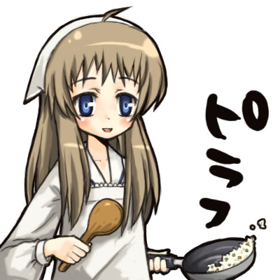 tane, miyazawa yukine, clannad, bad id, bad pixiv id, lowres, 00s, 1girl, apron, blue eyes, blush, brown hair, cooking, female focus, food, frying pan, long hair, open mouth, simple background, solo, spoon, white background, wooden spoon
