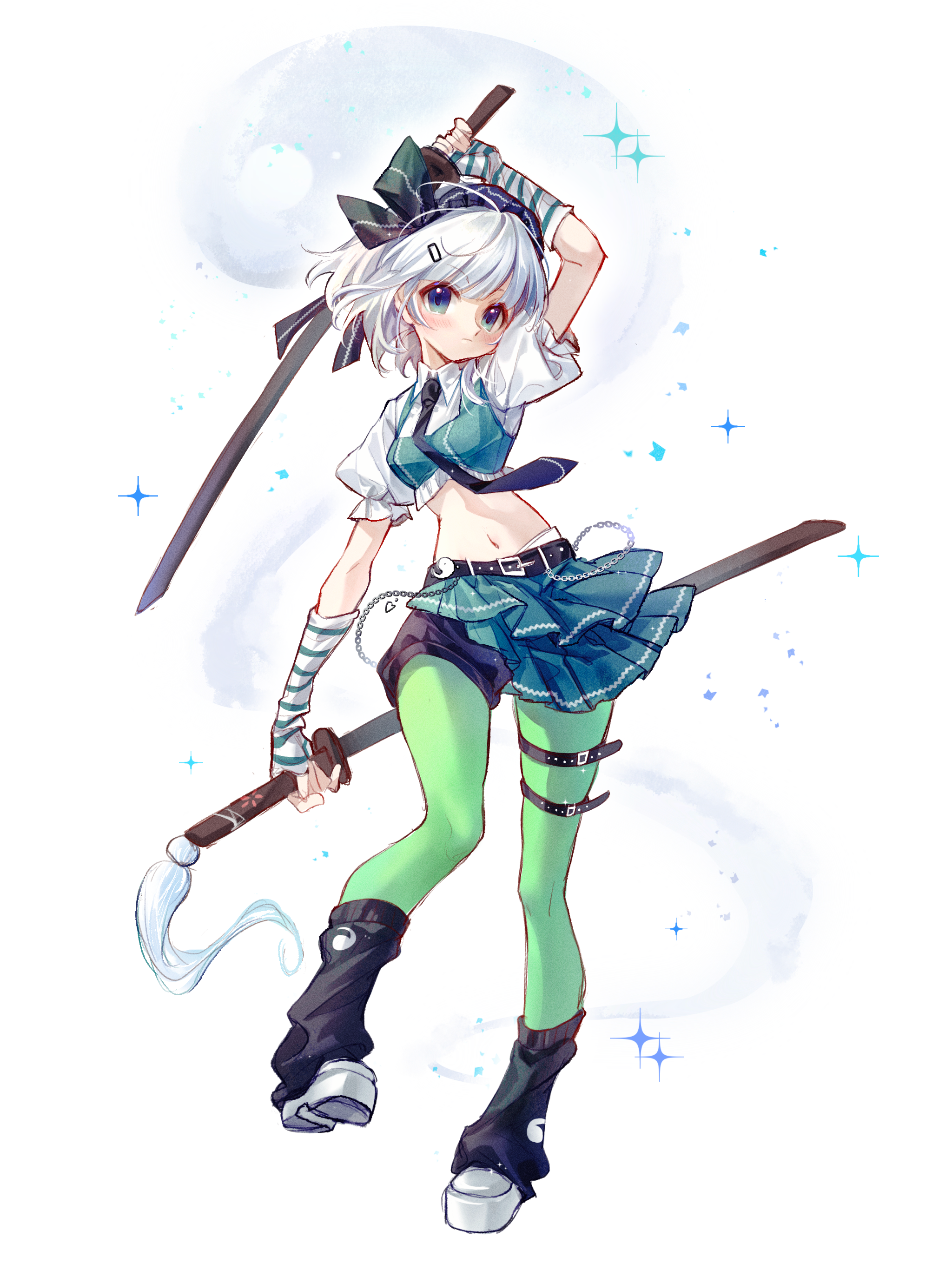 80isiiii, konpaku youmu, konpaku youmu (ghost), touhou, absurdres, commentary request, highres, 1girl, alternate costume, belt, black belt, black hairband, black leg warmers, black ribbon, black shorts, blush, collared shirt, crop top, dual wielding, full body, green eyes, green pantyhose, green skirt, green vest, hair ornament, hair ribbon, hairband, hairclip, hand up, holding, holding sword, holding weapon, katana, leg warmers, light frown, miniskirt, navel, pantyhose, puffy short sleeves, puffy sleeves, ribbon, shirt, shoes, short hair, short sleeves, shorts, skirt, solo, sparkle, stomach, striped arm warmers, sword, vest, weapon, white background, white hair, white shirt, white shoes