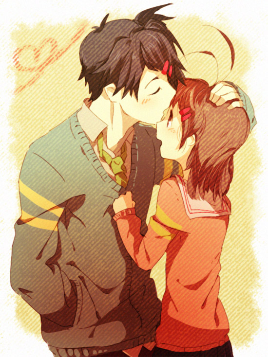 chiko (beroro), furukawa nagisa, okazaki tomoya, clannad, 00s, 1boy, 1girl, brown eyes, brown hair, couple, hetero, husband and wife, kiss, kissing forehead, short hair