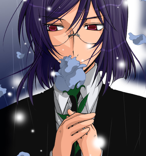 haruka (silk jasmine), tieria erde, gundam, gundam 00, bad id, bad pixiv id, 00s, 1boy, blue flower, blue rose, flower, glasses, haru hana, male focus, purple hair, rain, red eyes, rose, short hair, solo