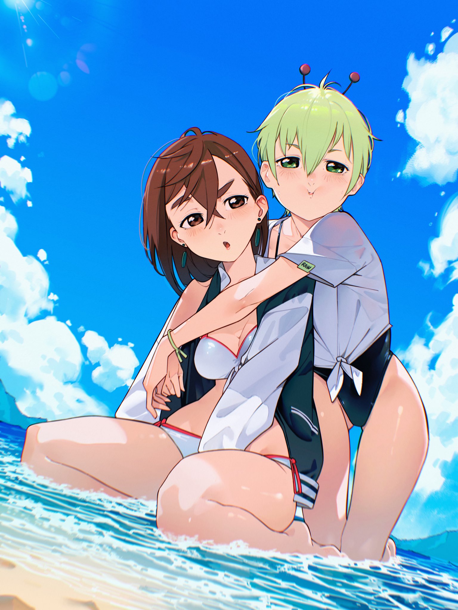 cesar art456, ayase momo, vamola (dandadan), dandadan, commentary request, highres, 2girls, :i, antennae, bare legs, barefoot, beach, bikini, black jacket, blue one-piece swimsuit, blue sky, breasts, brown eyes, brown hair, cloud, crossed bangs, day, dutch angle, earrings, feet, gluteal fold, green eyes, green hair, hair between eyes, highleg, highleg one-piece swimsuit, hug, hug from behind, jacket, jewelry, kneeling, large breasts, lens flare, letterman jacket, light blush, looking at viewer, multiple girls, ocean, one-piece swimsuit, open clothes, open jacket, open mouth, outdoors, raised eyebrow, seiza, shirt, shore, short hair, short sleeves, side-tie bikini bottom, sitting, sky, spanish commentary, swimsuit, tied shirt, water, white bikini, white shirt