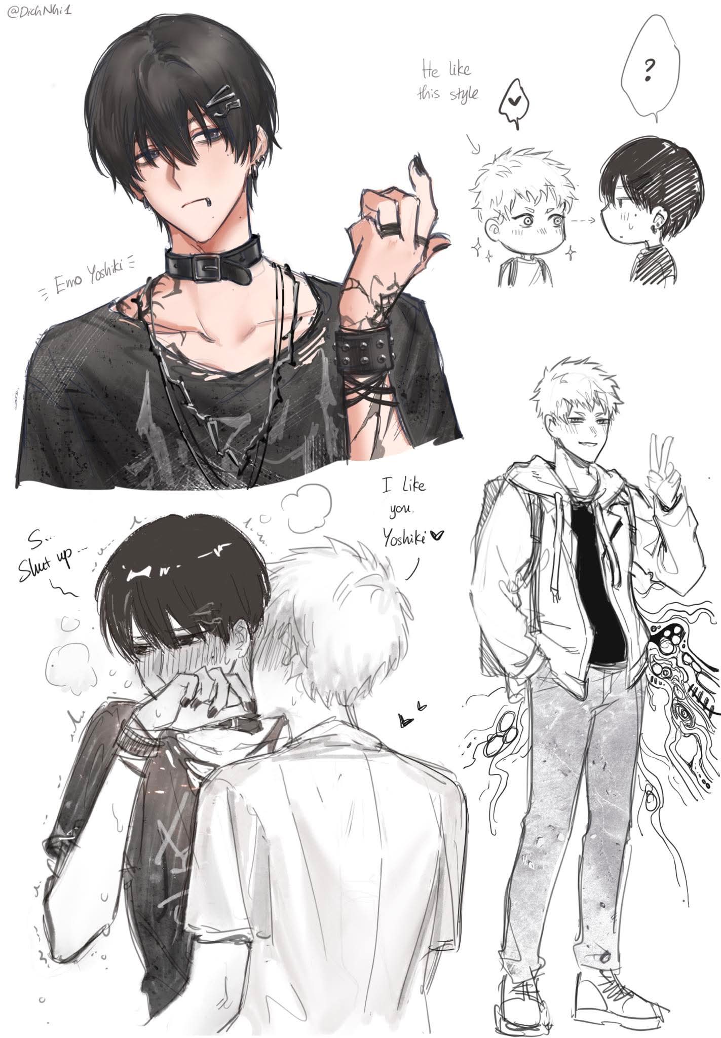 dichnhi1, indou hikaru, tsujinaka yoshiki, hikaru ga shinda natsu, highres, 2boys, ?, alternate costume, backpack, bag, black hair, black nails, black shirt, blush, choker, ear piercing, english text, face piercing, full body, hair between eyes, heart, hood, hoodie, jewelry, lip piercing, male focus, multiple boys, multiple rings, necklace, piercing, ring, shirt, short hair, simple background, spoken heart, spoken question mark, twitter username, v, white background, yaoi