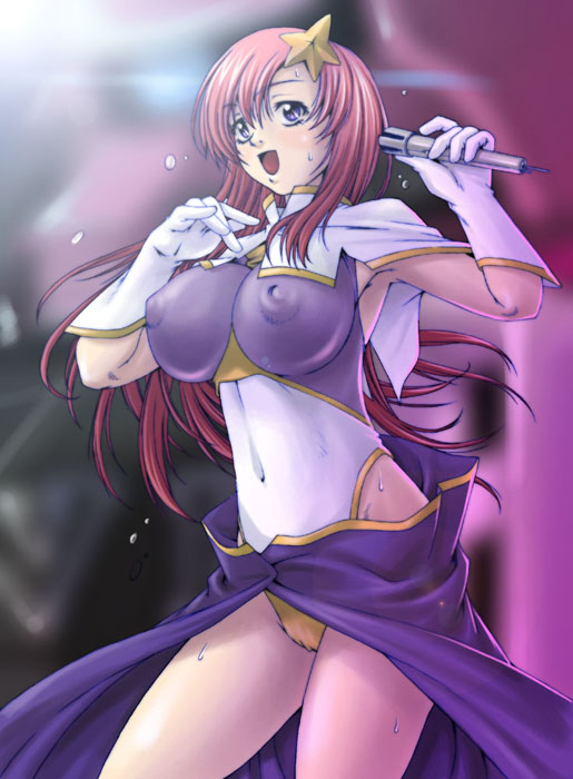fumizuki misoka, meer campbell, gundam, gundam seed, gundam seed destiny, 00s, 1girl, breasts, covered erect nipples, female focus, hair ornament, highleg, impossible clothes, impossible shirt, large breasts, leotard, long hair, microphone, pink hair, shirt, solo, star (symbol), star hair ornament, sweat