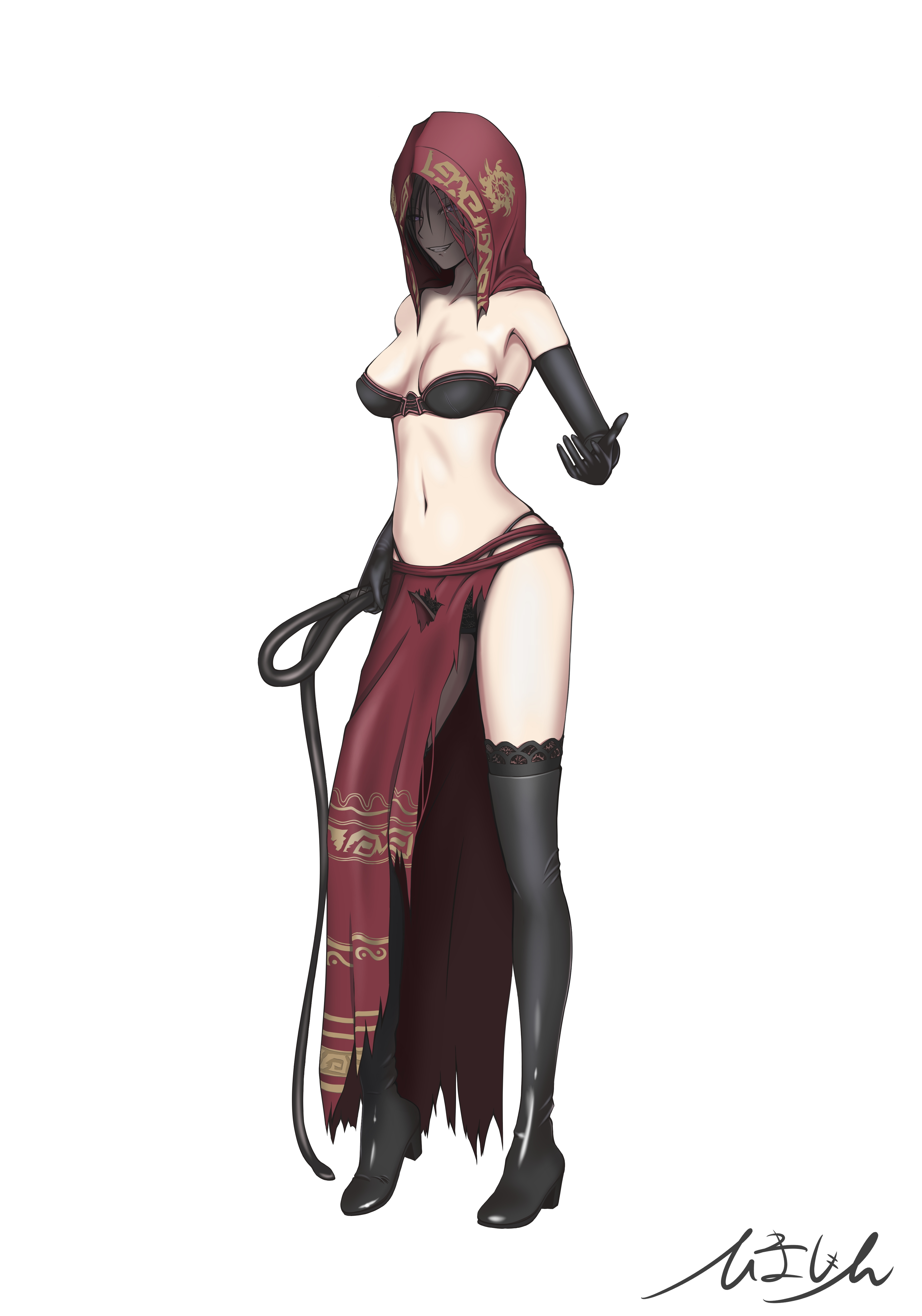 himajin (no hangar 18), desert sorceress, dark souls (series), dark souls ii, absurdres, commentary request, highres, 1girl, bare shoulders, black gloves, black thighhighs, black veil, bra, breasts, brown bra, cleavage, covered face, elbow gloves, full body, gloves, grin, holding, holding whip, hood, looking at viewer, medium breasts, midriff, navel, red hood, red skirt, simple background, skirt, smile, solo, standing, strapless, thighhighs, torn clothes, torn skirt, underwear, veil, white background