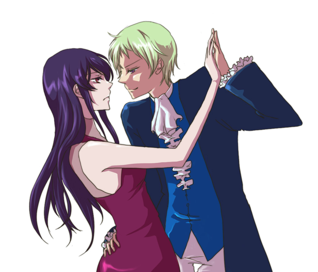 mai (applesong), mai (artist), ribbons almark, tieria erde, gundam, gundam 00, bad id, bad pixiv id, 00s, 2boys, dress, green hair, innovators (gundam 00), multiple boys, purple hair, red eyes, trap