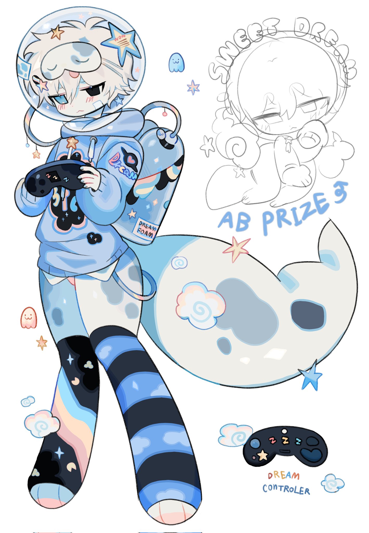 original, commentary, english commentary, highres, 1boy, adoptable, black eyes, blue eyes, blue hoodie, chibi, controller, dilnyan03, english text, game controller, heterochromia, holding, holding controller, holding game controller, hood, hoodie, leg warmers, male focus, reptile boy, short hair, striped leg warmers, tail, white hair