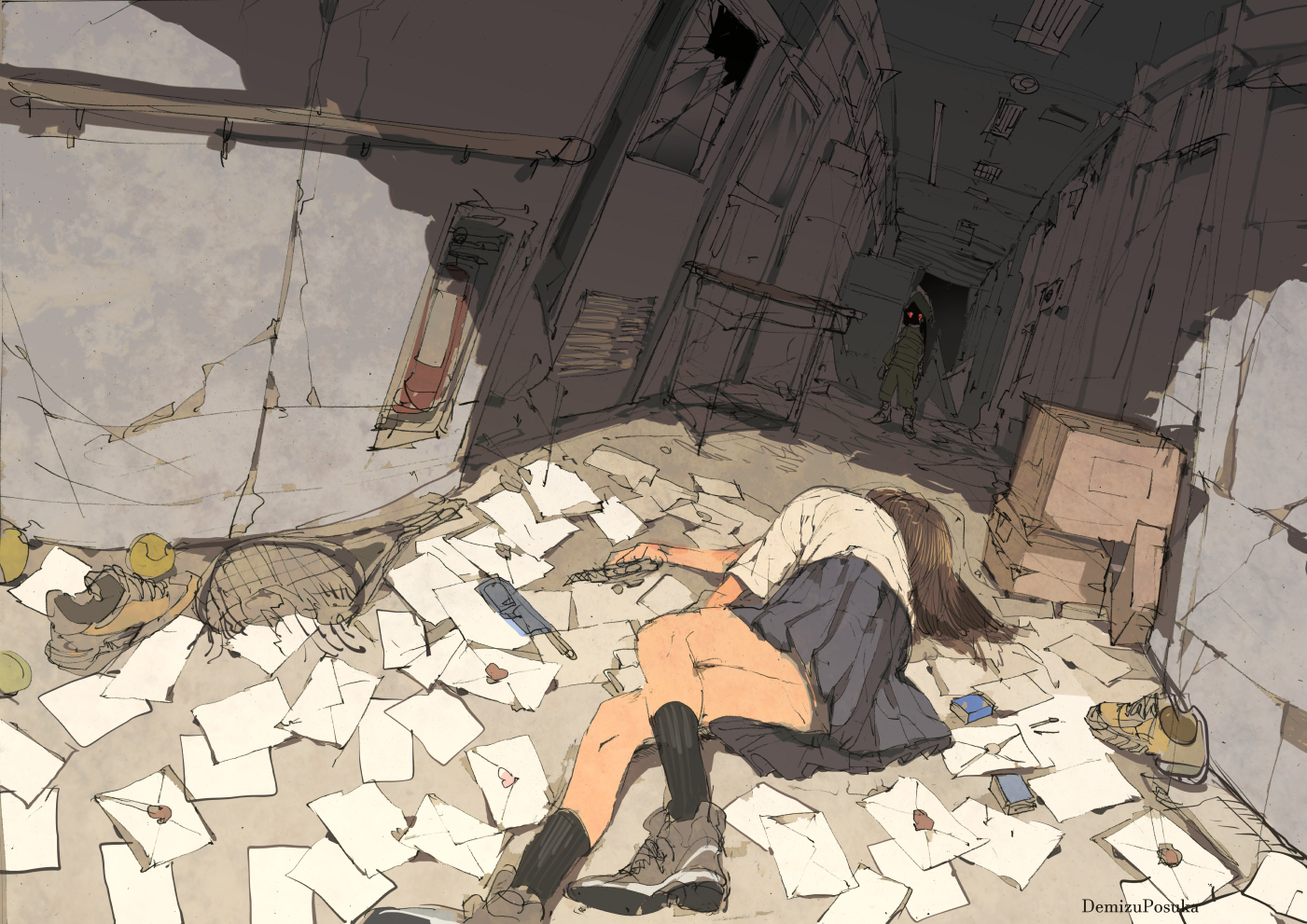 demizu posuka, original, commentary, 1girl, artist name, ball, brown hair, fire hydrant, letter, long hair, love letter, on ground, pleated skirt, racket, school uniform, skirt, tennis ball, tennis racket, too many letters