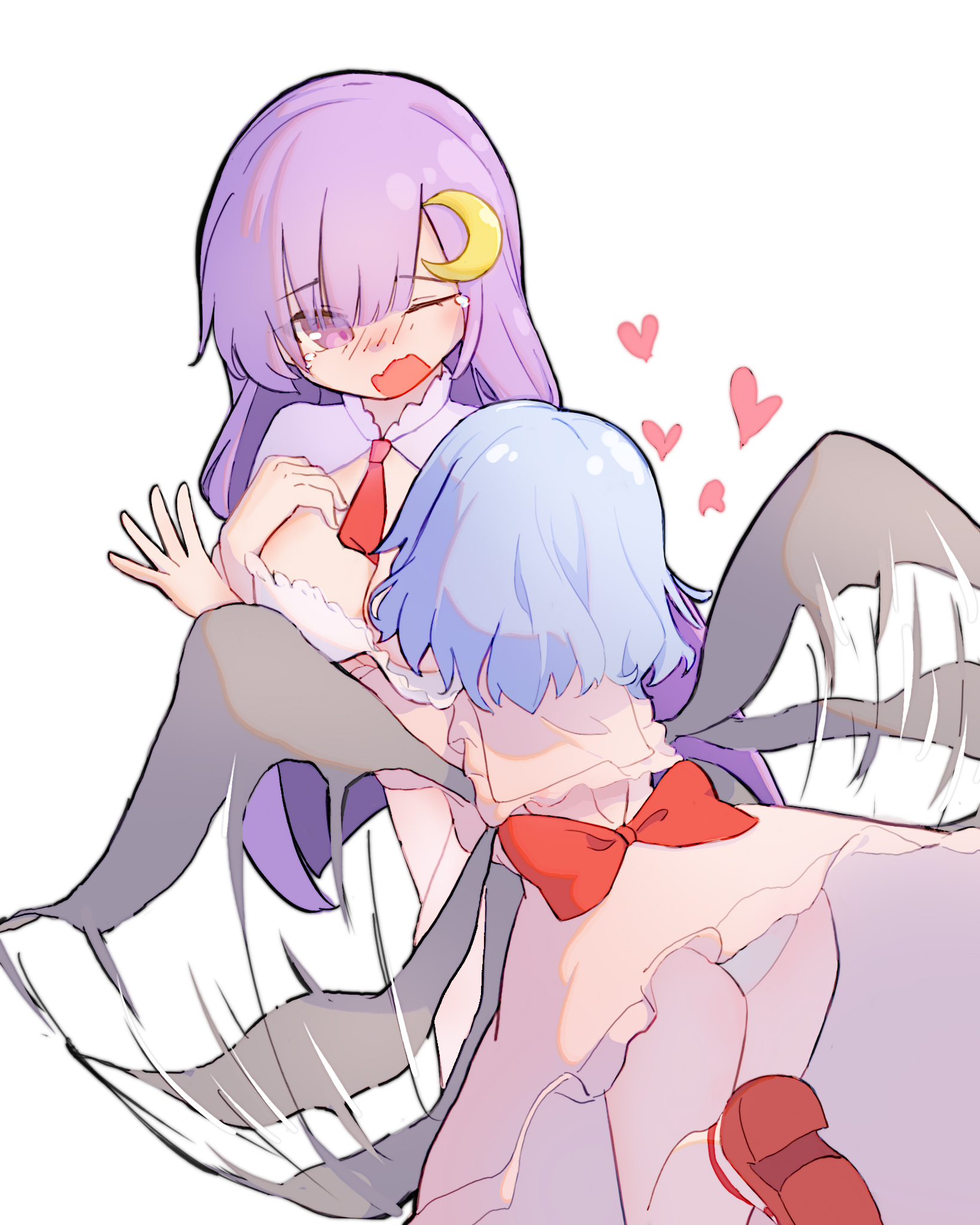 patchouli knowledge, remilia scarlet, touhou, commentary request, highres, 2girls, back bow, bat wings, blue hair, blush, bow, breasts, cleavage, crescent, crescent hair ornament, flapping, foot out of frame, forestrylam, frilled shirt collar, frills, hair ornament, heart, large breasts, long hair, multiple girls, necktie, no headwear, one eye closed, open mouth, outstretched arm, panties, pink shirt, pink skirt, purple eyes, purple hair, red bow, red necktie, red shoes, shirt, shoes, simple background, skirt, tearing up, thighs, underwear, white background, white panties, white shirt, wing flapping, wings, yuri