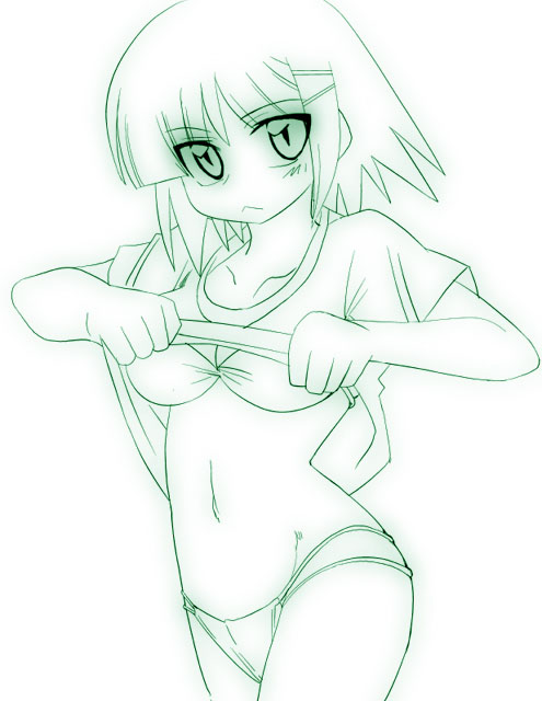 ikebata homura, aizawa sakuya, hayate no gotoku!, 00s, blush, bra, dressing, hair ornament, hairclip, lingerie, monochrome, navel, panties, shirt, short hair, solo, underwear