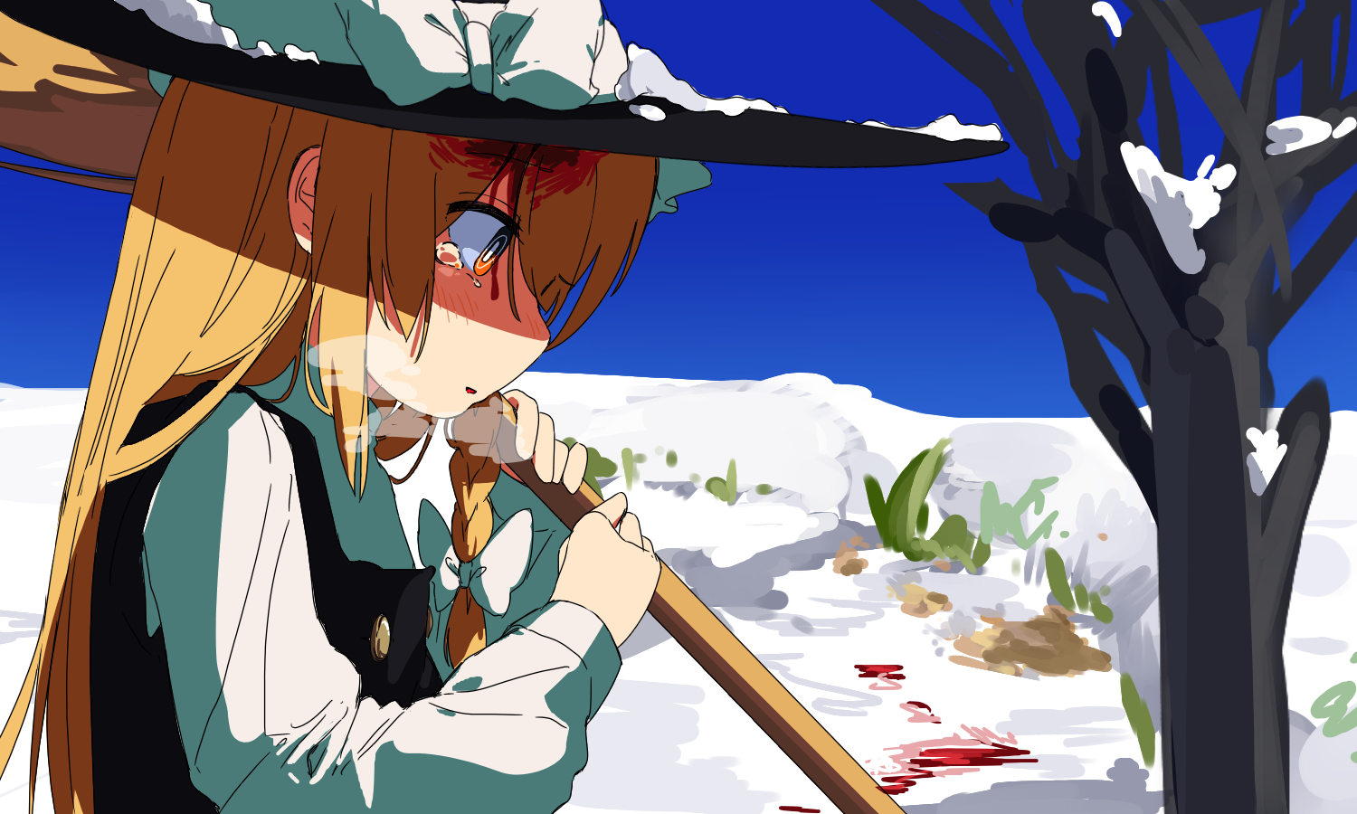 kirisame marisa, touhou, commentary, 1girl, bare tree, black hat, blonde hair, blood, blood in hair, blood on ground, bow, breath, day, from side, hat, hat bow, holding, injury, kannpoyu, long hair, long sleeves, outdoors, snow, solo, tears, tree, upper body, winter, witch hat