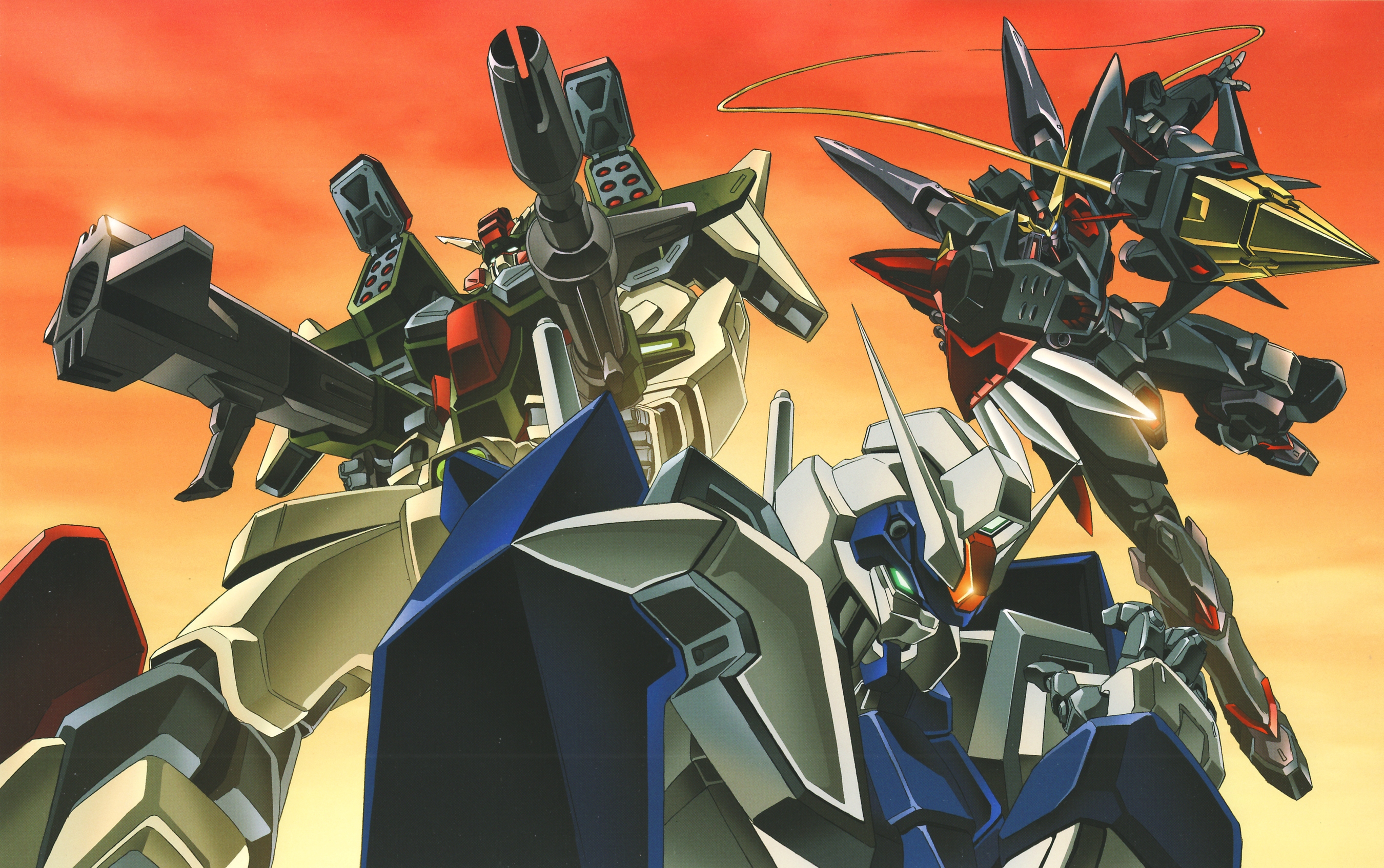 blitz gundam, buster gundam, duel gundam, gundam, gundam seed, highres, official art, 00s, beam rifle, energy gun, gun, mecha, missile, robot, weapon