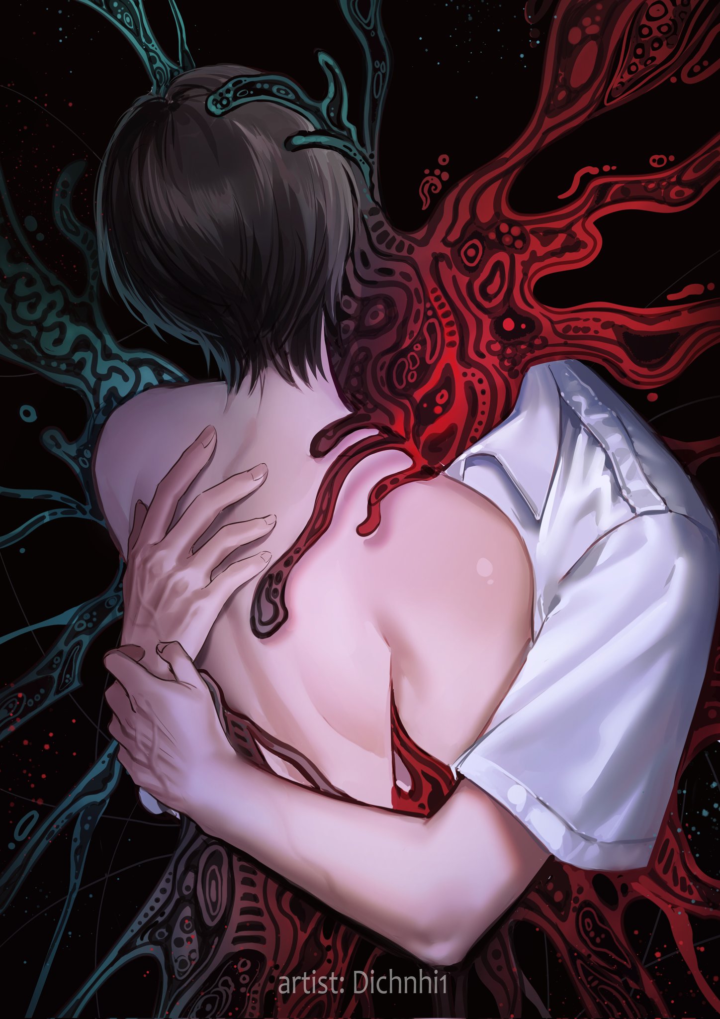 dichnhi1, indou hikaru, tsujinaka yoshiki, hikaru ga shinda natsu, commentary, english commentary, highres, 2boys, artist name, back, black hair, body horror, collared shirt, hug, male focus, multiple boys, nude, shirt, upper body, veins, veiny hands, white shirt, yaoi