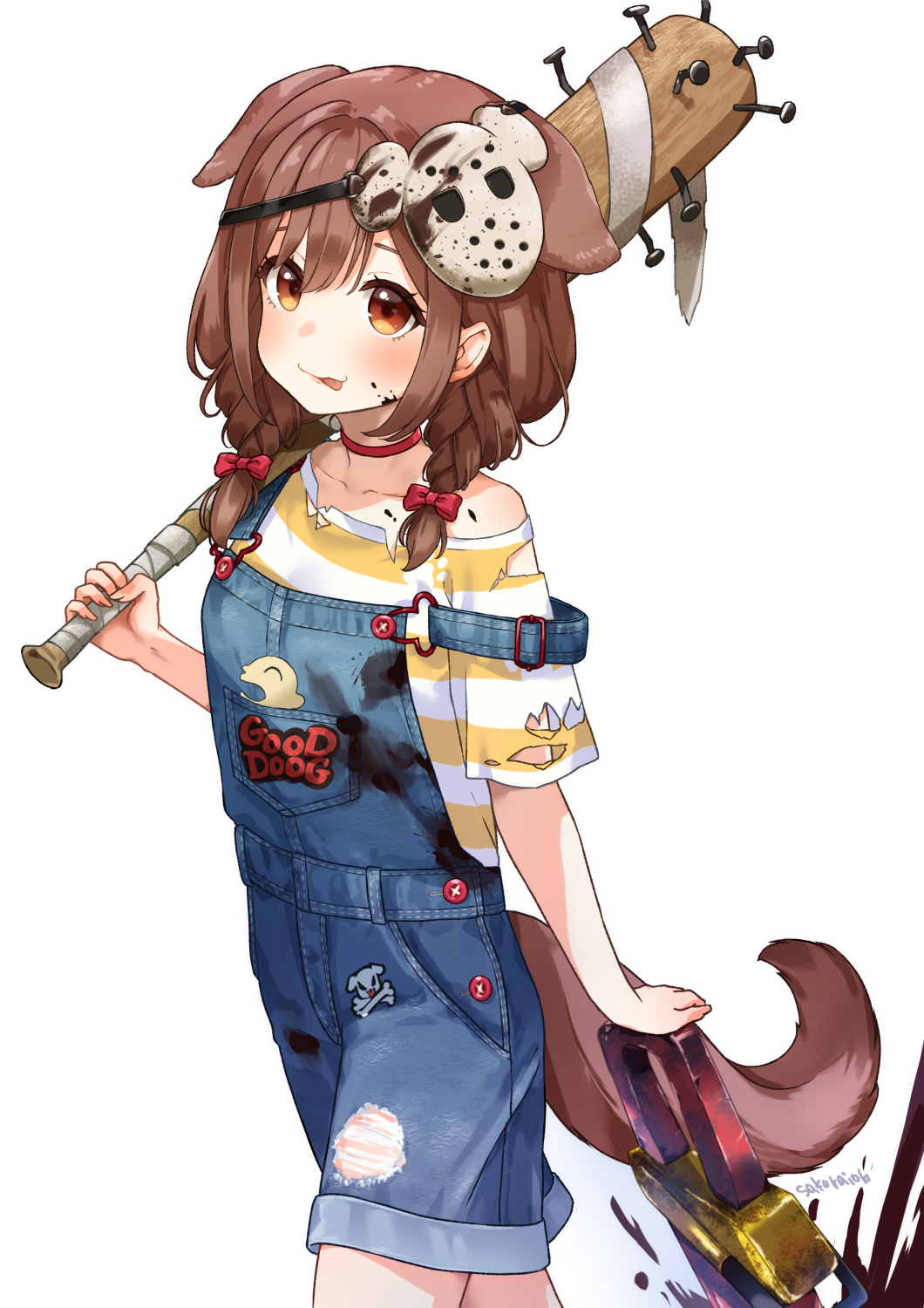 yu sakurai06, inugami korone, jason voorhees, listener (inugami korone), hololive, commentary request, highres, 1girl, :p, animal ears, baseball bat, blood, blood on clothes, blood on face, blood splatter, blush, bow, braid, brown eyes, brown hair, character print, choker, closed mouth, clothes writing, cosplay, cowboy shot, denim overalls, dog ears, dog girl, dog tail, extra ears, hair bow, holding, holding baseball bat, inugami korone (9th costume), jason voorhees (cosplay), looking at viewer, mask, mask on head, official alternate costume, over shoulder, overalls, red bow, red choker, shirt, simple background, single off shoulder, smile, solo, spiked bat, striped clothes, striped shirt, tail, tongue, tongue out, torn clothes, twin braids, two-tone shirt, virtual youtuber, weapon, weapon over shoulder, white background, white shirt, yellow shirt